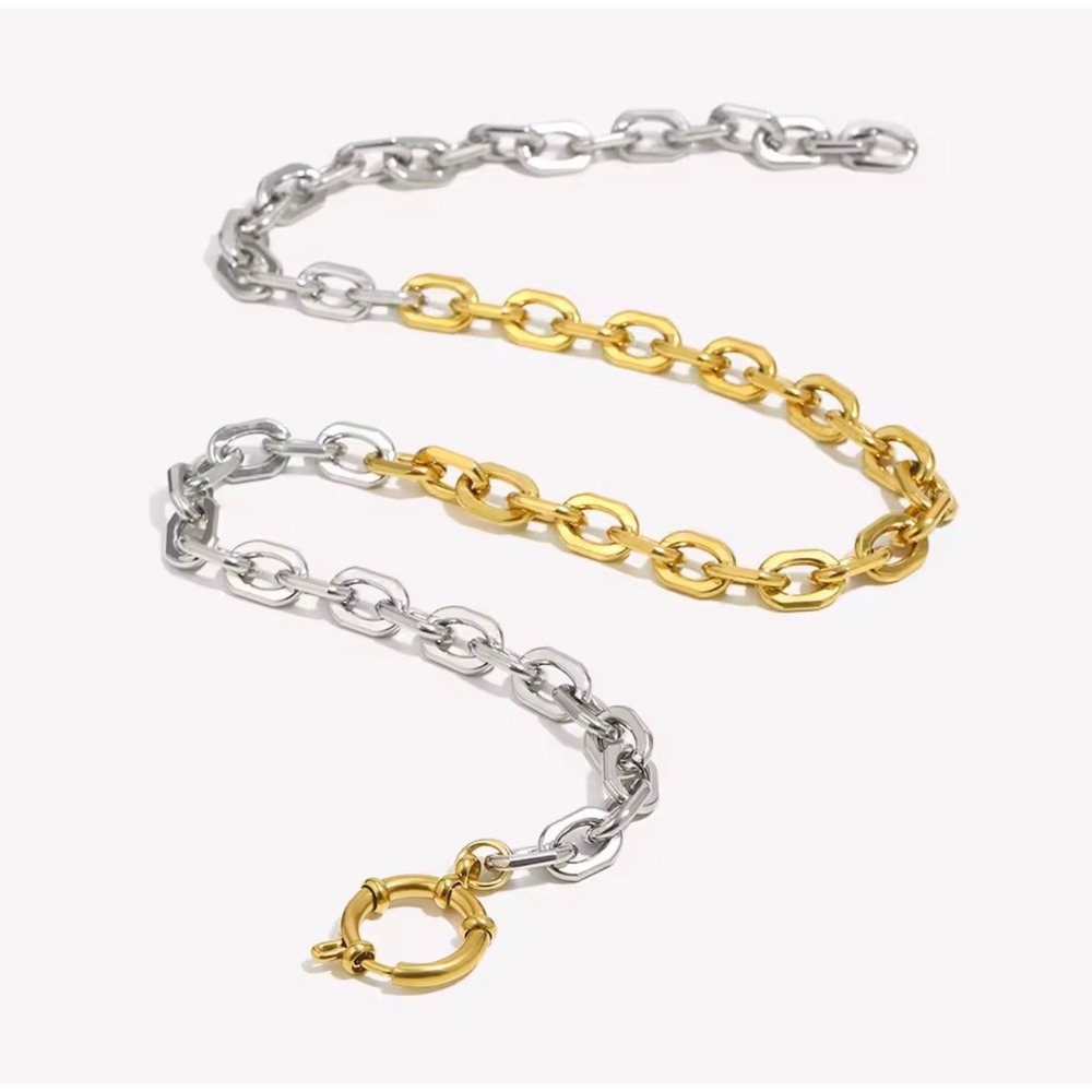 Two Tone Chunky Chain Link Necklace Gold Silver Mixed Metal Sailor Clasp Choker - Picture 3 of 10